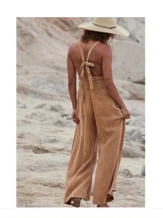 Free People Cyprus Wide leg Overalls Jumpsuit Brown size S - Picture 3 of 12